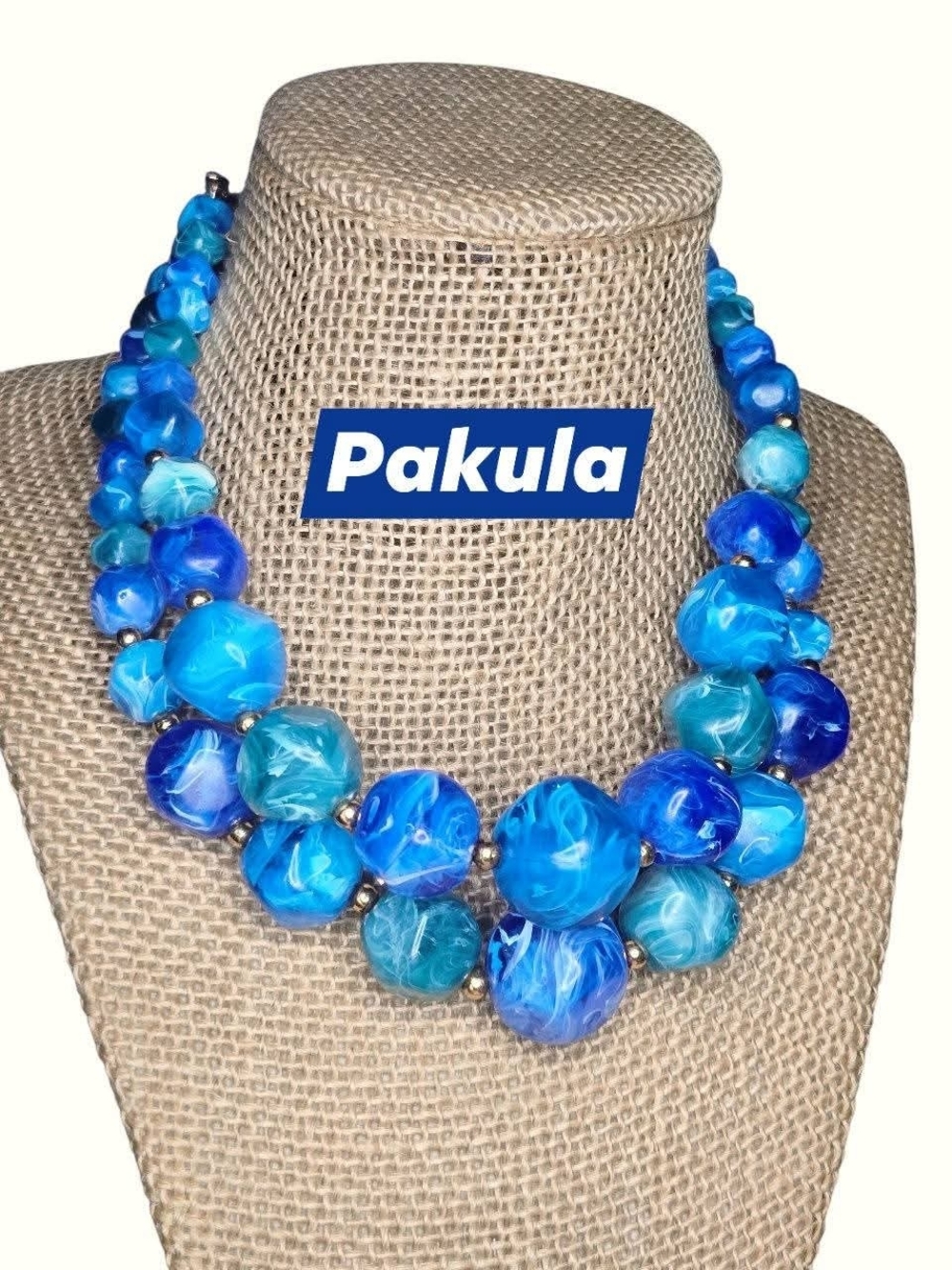 Vintage Pakula Signed Blue Swirl Lucite Bead Necklace